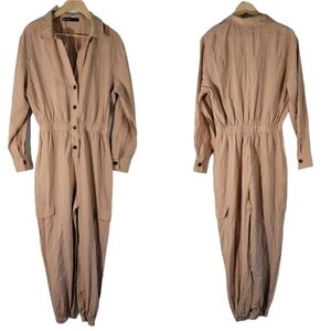 NEW Bershka Women Full Length Jumpsuit Sz L Tan Lyocell Elastic Waist Long Sleev